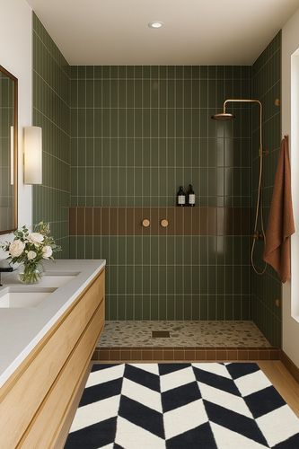 Tilley Geometric Handmade Tufted Wool Black/White Area Rug Wrought Studio Rug ... in Green Bathroom