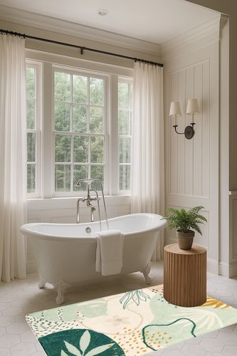Botanical Print Small Rug Modern Abstract Non-Slip Minimalist Art Area Rug in Luxurious Bathroom