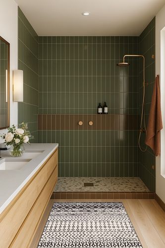 Chester Boho Moroccan Area Rug in Green Bathroom