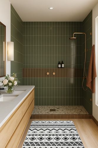 Lahome Boho Geometric Washable Area Rug in Green Bathroom