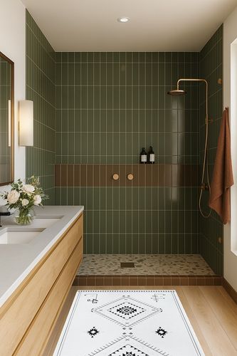 Lahome Washable Aztec Area Rug in Green Bathroom