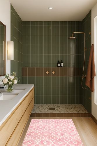 Nursery Rug Pink Non-Slip in Green Bathroom