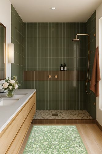 Tela Bohemian Textured Weave Floral Indoor Outdoor Area-Rug in Green Bathroom