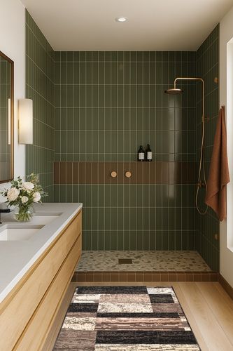 Chocolate Modern, Eclectic, Casual, Transitional Cushioned Area Rug in Green Bathroom