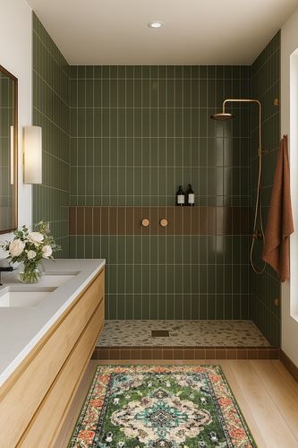 Forest Green Hallway Area Rug in Green Bathroom