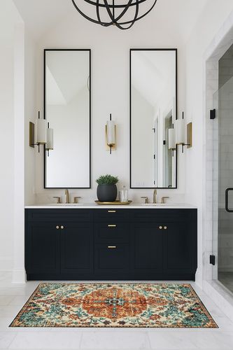 Boho Bathroom Rug,Non-Slip Distressed Entry Accent Ma in Transitional Black Bathroom