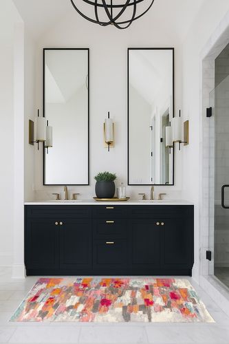 Contemporary POP Modern Abstract Brushstroke Cream/Pink 3 ft. x 5 ft. in Transitional Black Bathroom