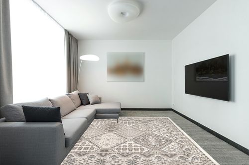 nuLOOM Becca Traditional Tiled Area Rug, 8' x 10', Beige in Modern Living Room with Grey Couch