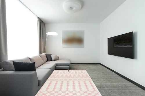 Hauteloom Tilos Moroccan Farmhouse Living Room Bedroom Nursery Shag Area Rug - Shaggy Carpet - Trellis Pattern - High Plush Pile - Cream, Pink, Beige - 5'3" x 7' in Modern Living Room with Grey Couch