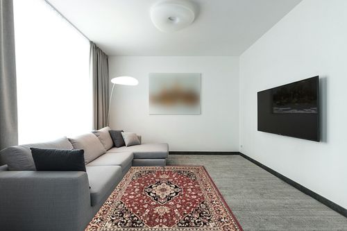 Superior Indoor Area Rug, Jute Backed, Traditional Oriental Medallion, Perfect for Hallway, Entryway, Living Room, Bedroom, Office, Kitchen, Glendale Collection, 5' x 8', Red in Modern Living Room with Grey Couch