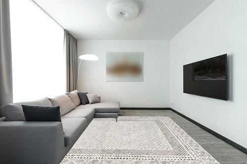 Beige Transitional Non Slip Living Room Area Rug in Modern Living Room with Grey Couch
