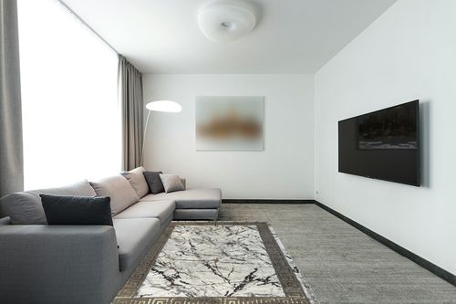 United Rugs Marble Collection Grey Area Rug Modern Abstract Swirl Design Non-Shedding Carpet (5' x 7') in Modern Living Room with Grey Couch