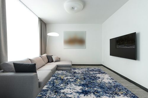 Area Rug 9x12 Living Room: Large Washable Rug with Anti-Slip Backing Non-Shedding Stain-Resistant Soft Abstract Carpet for Bedroom Dining Room Nursery Home Office (Blue/Multi) in Modern Living Room with Grey Couch