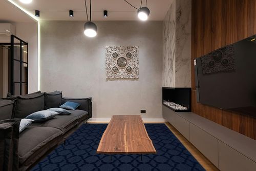 Garland Rug Sparta 8-Feet by 10-Feet Area Rug Navy in Dark Wood Living Room with Black Couch