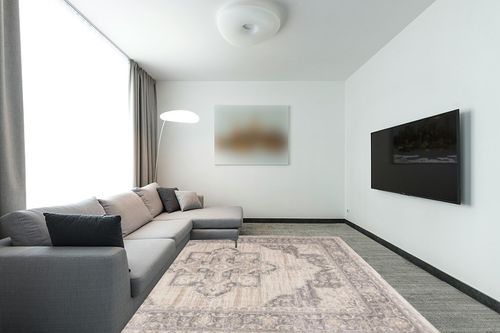 SAFAVIEH Brentwood Collection Area Rug Rectangle - 8' x 10', Cream & Grey, Medallion Distressed Design, Non-Shedding & Easy Care, Ideal for High Traffic Areas in Living Room, Bedroom (BNT865B) in Modern Living Room with Grey Couch