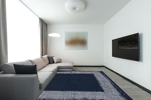 CAMILSON Navy Blue Area Rug 7'10" x 10', Easy-Cleaning Non-Shedding, Bordered for Living Room, Bedroom, Dining Room Navy Blue/Cream Indoor Area Rugs (8x10) in Modern Living Room with Grey Couch