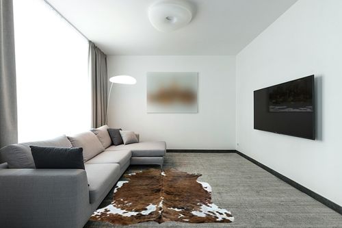bonanza leathers Genuine Cowhide Rug Classic Tricolor Size S/L/XL 5X6/6X7/7X8 FT (L) in Modern Living Room with Grey Couch