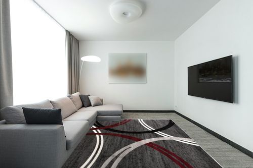 Rugshop Modern Wavy Circles Design Area Rug 7' 10" x 10'2" Red in Modern Living Room with Grey Couch