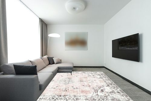 BRICHOEE Large Vintage Washable Rug 8x10 Light Pink Low-Pile Indoor Floral Print Carpet Non Slip Printed Persian Boho Area Rug for Living Room in Modern Living Room with Grey Couch