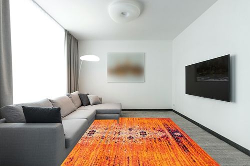 SAFAVIEH Monaco Collection Area Rug - 8' x 10', Orange & Multi, Modern Boho Abstract Distressed Design, Non-Shedding & Easy Care, Ideal for High Traffic Areas in Living Room, Bedroom (MNC209H) in Modern Living Room with Grey Couch