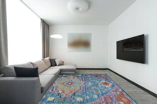 SAFAVIEH Crystal Collection Area Rug - 8' x 10', Teal & Rose, Medallion Distressed Design, Non-Shedding & Easy Care, Ideal for High Traffic Areas in Living Room, Bedroom (CRS501T) in Modern Living Room with Grey Couch