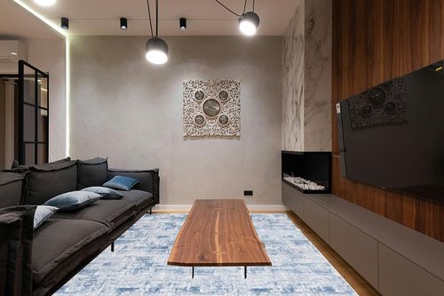 SAFAVIEH Amelia Collection Area Rug - 8' x 10', Navy & Light Grey, Modern Abstract Distressed Design, Non-Shedding & Easy Care, Ideal for High Traffic Areas in Living Room, Bedroom (ALA786N) in Dark Wood Living Room with Black Couch