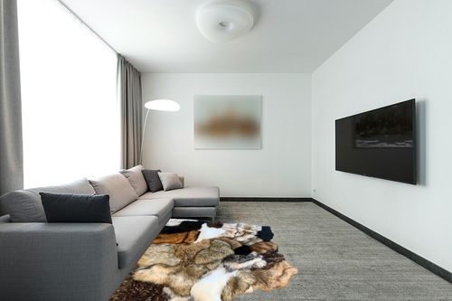 Fur Accents Pieced Fur Faux Animal Skin Rug, Fox, Wolf, Grizzly Bear, Golden Brown, Premium Plush Shag, Area Rug, Hand Made in America, Easy Care, Thick Plush Realistic, (5'x7') in Modern Living Room with Grey Couch
