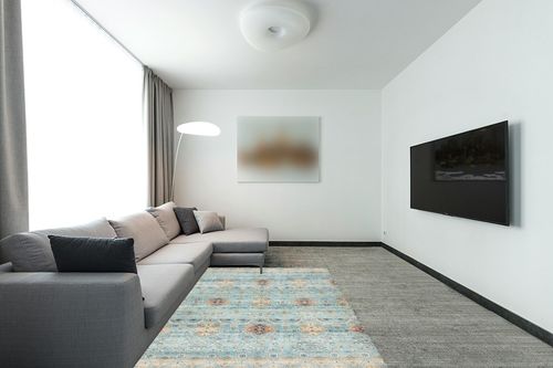 Gertmenian Boho Area Rug, 5x7 Standard Home Decor for Entryway, Bedroom, Living Room, Office, Kitchen Non Slip, Soft, Low-Pile, Printed Indoor Accent Rugs Transitional, Tanis Sage, 25046 in Modern Living Room with Grey Couch