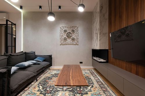 Gertmenian Boho Area Rug, 8x10 Large Home Decor for Entryway, Bedroom, Living Room, Office, Kitchen Non Slip, Soft, Low-Pile, Printed Indoor Accent Rugs Center Medallion, Tiefi Black Multi, 28542 in Dark Wood Living Room with Black Couch