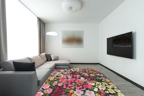 Restoration and Renovation Handmade Colorful Flower Silk & Wool Area Rug | Spring Garden Overflows The Frame | Unique Irregular Shape Hand-Tufted Floral Rug Perfect for Home Decor (8x10 Feet) in Modern Living Room with Grey Couch