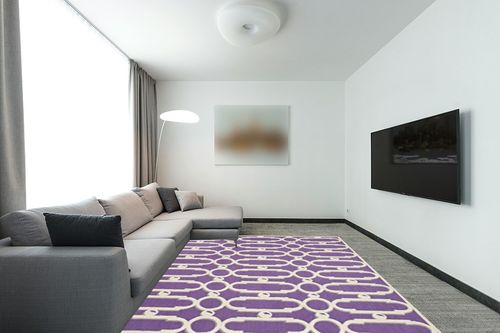 SAFAVIEH Newport Collection Area Rug - 7'9" x 9'9", Purple & White, Handmade Cotton, Ideal for High Traffic Areas in Living Room, Bedroom (NPT434B) in Modern Living Room with Grey Couch