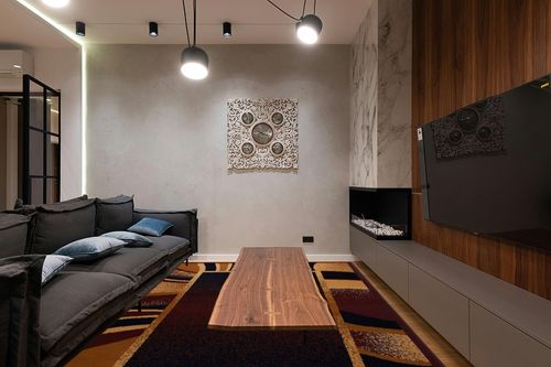 Home Dynamix Premium Rizzy Contemporary Abstract Border Area Rug, Brown/Beige, 7'8"x10'7" in Dark Wood Living Room with Black Couch