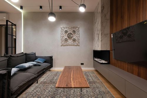 Ink / Salmon Oriental Living Room Area Rug in Dark Wood Living Room with Black Couch