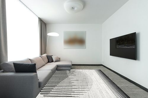 Lockie Abstract Black/White Area Rug Ebern Designs Rug Size: Rectangle 8' x 10' in Modern Living Room with Grey Couch