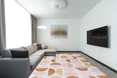 HOMBYS 9x12ft Boho Area Rug for Living Room Bedroom, Large Floor Carpet for Indoor Office Dining Room, Modern Home Deco Non-Shedding, Orange, Machine Washable in Modern Living Room with Grey Couch