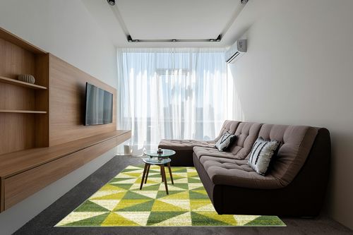 Antep Rugs Geometric 8x10 Modern Indoor Area Rug Siesta (Green, 7'10" x 10') in Grey Living Room with Brown Couch