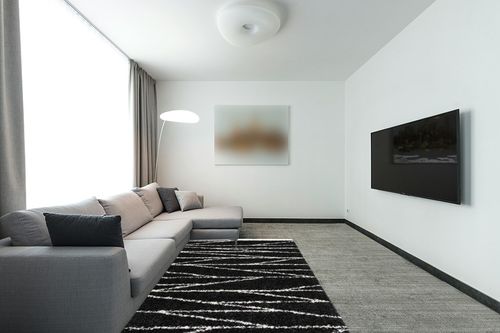 Abrahams Geometric Black/White Area Rug Hashtag Home Rug Size: Rectangle 5'3" x 8' in Modern Living Room with Grey Couch