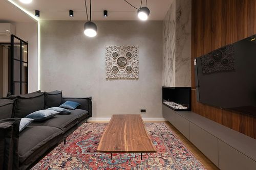 Artistic Weavers Reeta Printed Medallion Area Rug,7'6" x 9'6",Bright Red/Wheat in Dark Wood Living Room with Black Couch