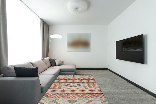 SAFAVIEH Kilim Collection Area Rug - 5' x 8', Natural & Red, Flat Weave Jute Design, Ideal for High Traffic Areas in Living Room, Bedroom (KLM758Q) in Modern Living Room with Grey Couch