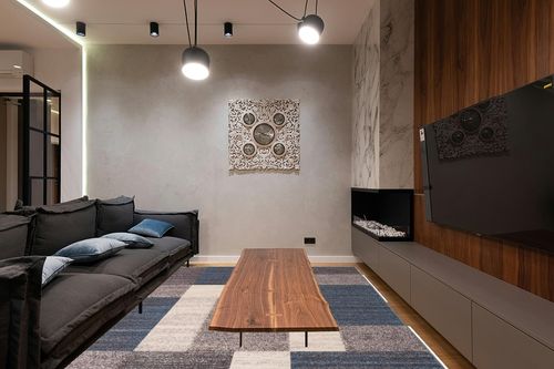 Modern Boxes Design Non-Slip (Non-Skid) Area Rug 8 x 10 (7' 10" x 10') Blue in Dark Wood Living Room with Black Couch