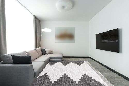 Hauteloom Djugun Outdoor Area Rug - Outside Porch Patio Rug Carpet - Waterproof Rug - Geometric - Black, Gray, Off White, White - 7'10" x 10'2" in Modern Living Room with Grey Couch