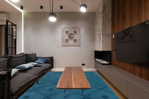 Antep Rugs Palafito 8x10 Geometric Shag Diamond High-Low Pile Textured Indoor Area Rug (Teal Blue, 7'10" x 10') in Dark Wood Living Room with Black Couch
