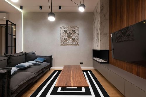 Lanffia Black and White Area Rug 6x9ft Contrasting Geometric Modern Stripe Symmetrical Indoor Outdoor Rug Machine Washable Extra Large Rugs Woven Cotton Floor Carpet for Living Room/Balcony/Backyard in Dark Wood Living Room with Black Couch