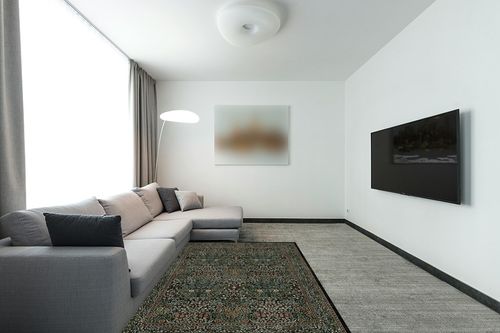 RUGGABLE Morris & Co Washable 5x7 Area Rug, Dark Green, Premium Rugs for Living Room, Bedroom, Kitchen, Office, Classroom with Gripper Non Slip Pad in Modern Living Room with Grey Couch