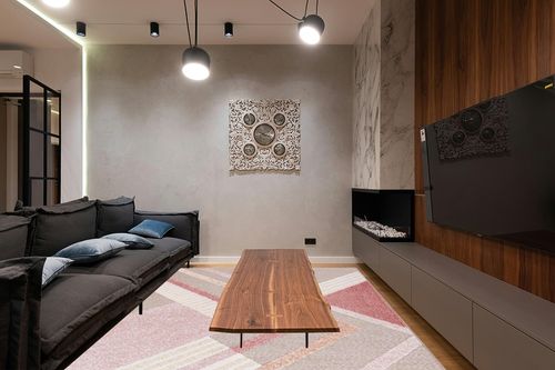 Safavieh Sarasota Collection Area Rug - 9' x 12', Pink & Brown, Mid-Century Modern Design, Non-Shedding & Easy Care, Indoor/Outdoor & Washable-Ideal for Patio, Backyard, Mudroom (SAR102U) in Dark Wood Living Room with Black Couch