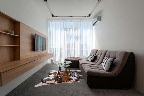 ecowhides 100% Genuine Brazilian Cowhide Rug - Tricolor, Brown, Black & White - Luxury Cowskin Leather Area Rug Decor, (X-Large) 7 x 6 ft in Grey Living Room with Brown Couch