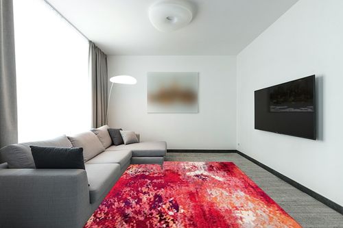 SAFAVIEH Madison Collection Area Rug - 8' x 10', Red & Ivory, Modern Boho Abstract Design, Non-Shedding & Easy Care, Ideal for High Traffic Areas in Living Room, Bedroom (MAD440Q) in Modern Living Room with Grey Couch