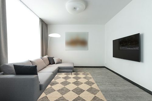 Loloi Chris Loves Julia x Francis Beige/Charcoal 5'-0" x 7'-6" Area Rug in Modern Living Room with Grey Couch