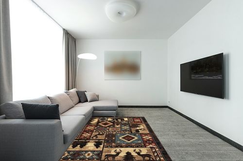 Brown Rustic Fade Resistant, Stain Resistant Kitchen, Bedroom Area Rug in Modern Living Room with Grey Couch
