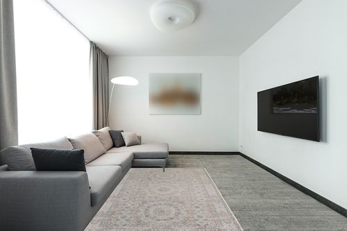 Rugs America Harper HY60A Pink Lemonade Transitional Vintage Area Rug, 5'x7' in Modern Living Room with Grey Couch